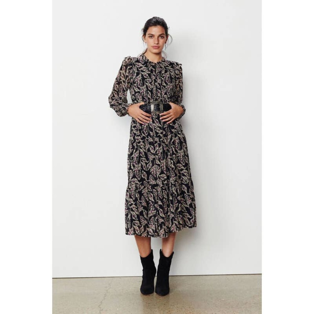 NWT $420 BA&SH Gilda Black/Purple Gilda Midi Dress Womens Sz1 Boho Lagenlook